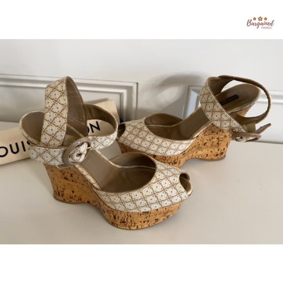 Authentic Louis Vuitton Cream Beige Printed Wedge Cork Platform Sandals 39.5/9.5 - Picture 11 of 14